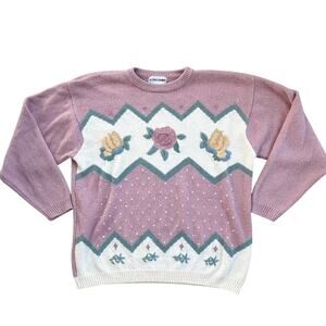 Vtg 90s Alfred Dunner Womens Floral Embroidered Rose  Sweater Pink Pullover XL
